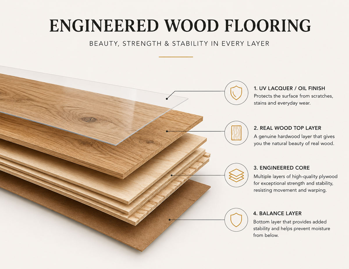 Modern living room with engineered wood flooring